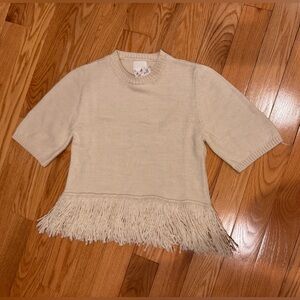 H&M Cream Knit Short Sleeve Sweater with Fringe Hem